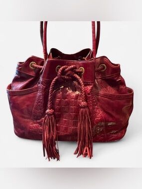 NWT Aqua Madonna Women's Red Leather Drawstring Tote Bag. designer direct.